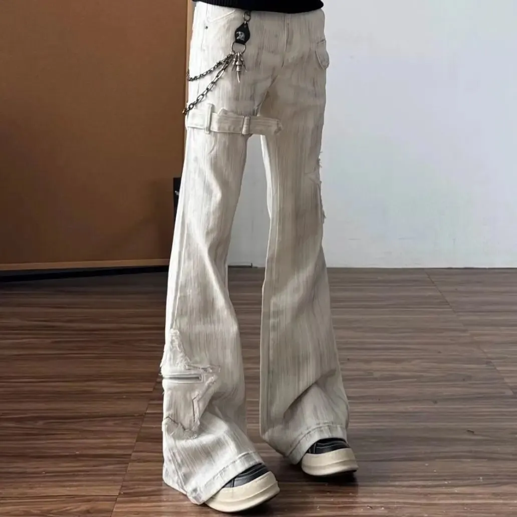 Női Amerikai Retro Y2K Flare Farmer Fehér Mosott Patchwork Y2K Vintage Hrajuku Punk Magas derekú Karcsú utcai viselet Farmer nadrág — image 9
