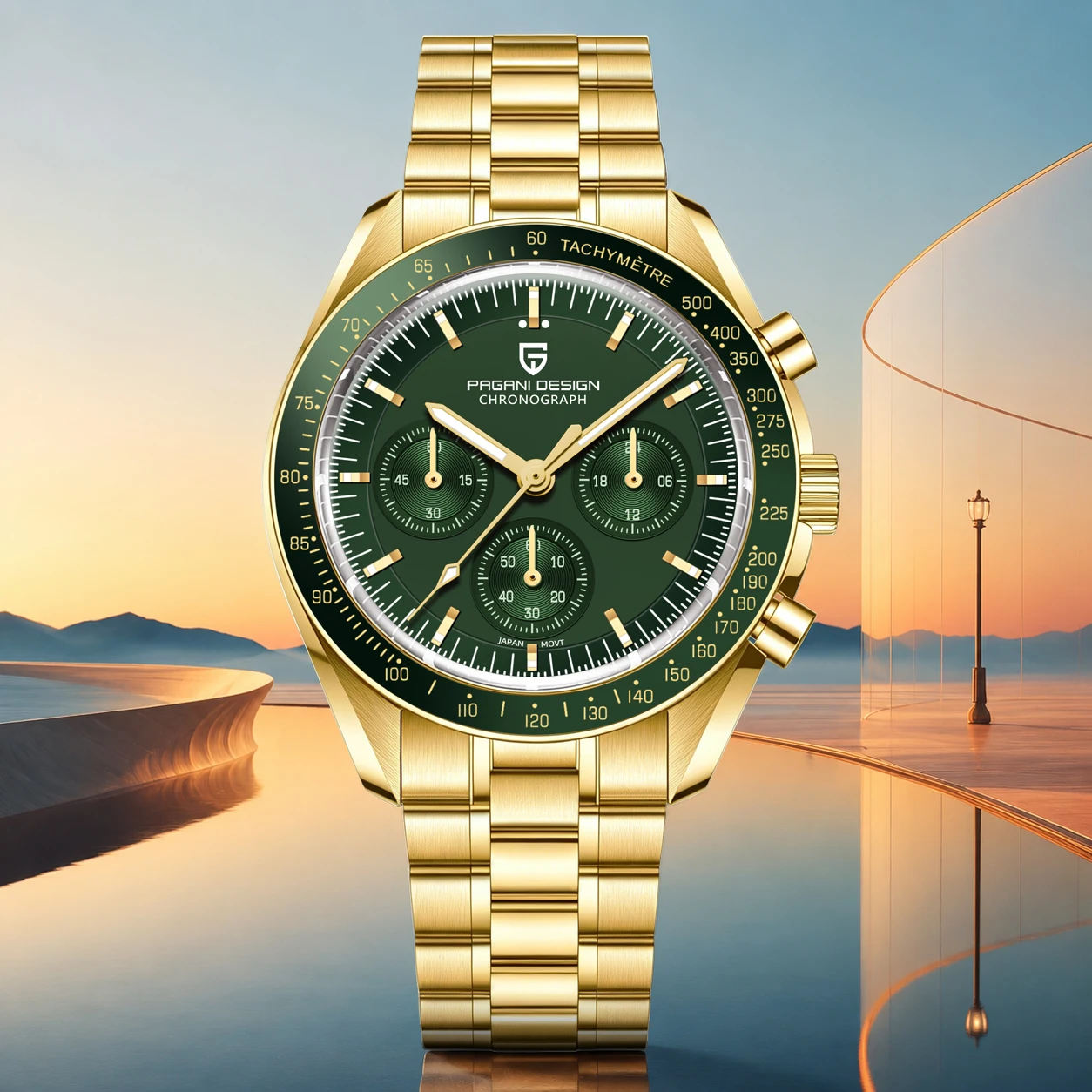New Classic Men Watch PAGANI DESIGN Golden Green Luxury Quartz Watch For Men Automatic Date Speed Sport Chronograph AR Sapphire Crystal Wristwatch Men Local Shipping — image 1