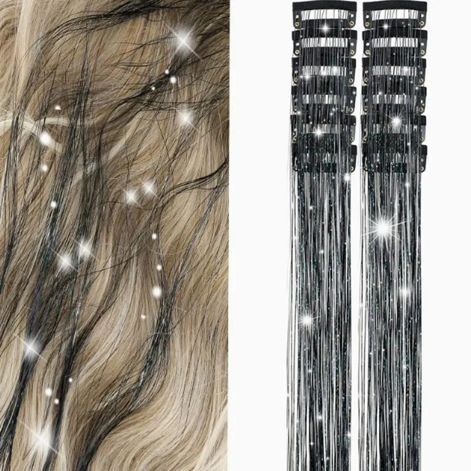 12Pcs/Pack Sparkle Blonde Hair Extensions Clip In Rainbow Shiny Sparkle Hair Tinsel Heat Resistant Sparkle Hair Extensions For W — image 16