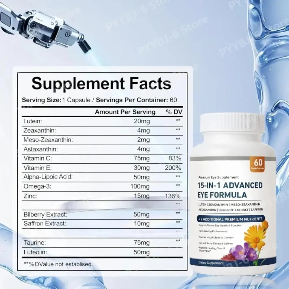 15-in-1 Advanced Eye Formula with Lutein Zeaxanthin Astaxanthin Bilberry & Saffron Visual Comfort Support 60 Capsules — image 6