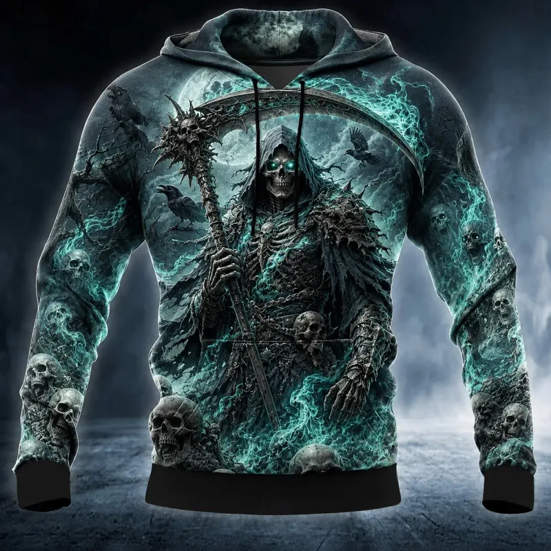 Sudadera con capucha con estampado 3D de Halloween Grim Reaper para hombre, sudadera con estampado gótico de Skull Raven, ropa de calle de manga larga para hombre — image 3
