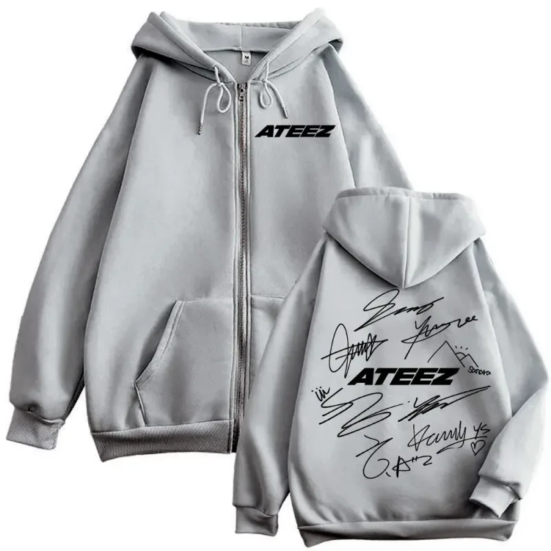 Limitado Kpop ATEEZ Logo estampado de doble cara cremallera Sudadera con capucha moda Hip Hop sudaderas con cremallera hombres mujeres Casual jerseys de gran tamaño