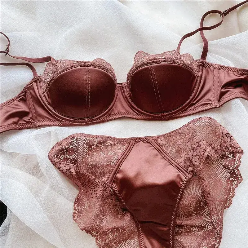Women Half Cup Lace Bra Set Thin Underwire Sexy Minimizer Bra Anti-Sag Side Support Itago ang Kili-kili Fat Ladies Lingerie Set 2‑38