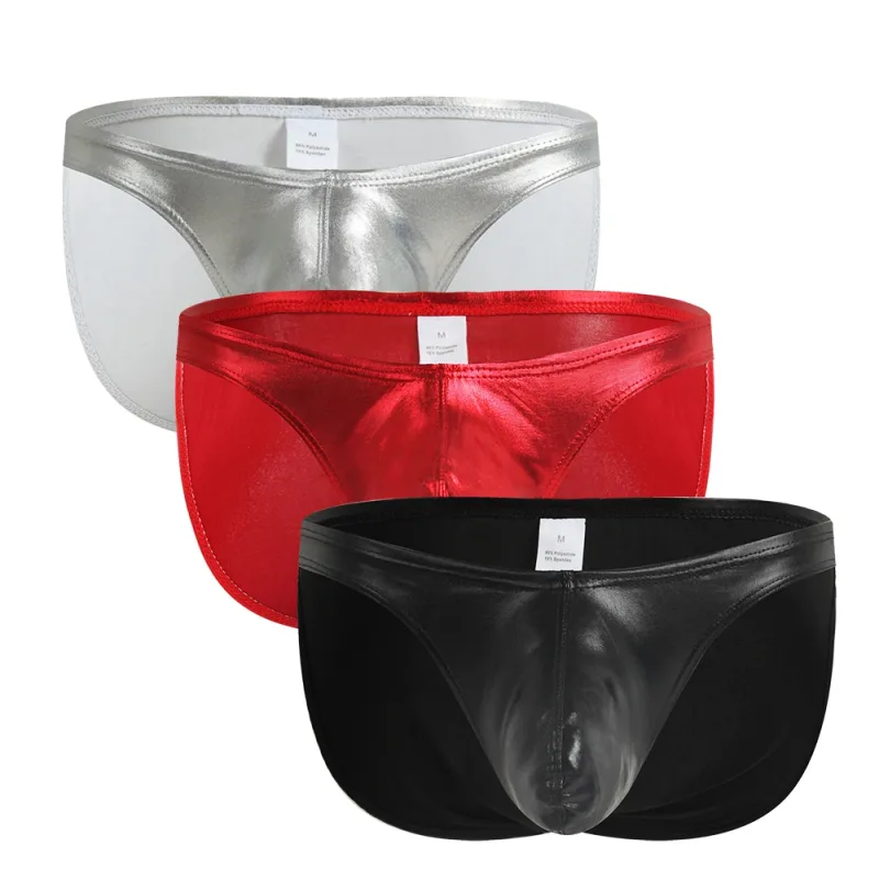 Men's Fashion Low Waist Imitation Leather Briefs with U Convex Pouch Sexy Underwear Lingerie 3PCS/2PCS/1PC Set