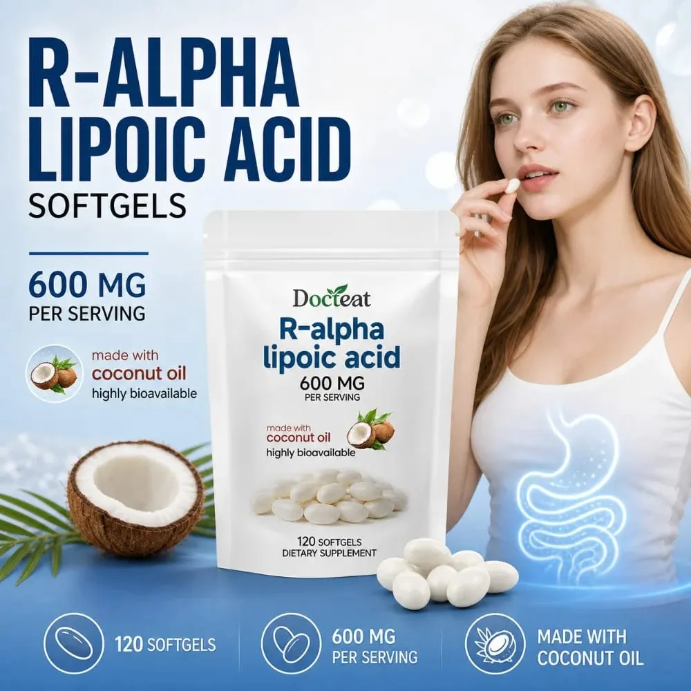 Μαλακές γέλη R-Alpha Lipoic Acid 600 mg ανά μερίδα 120 Αριθμός Φτιαγμένο με λάδι καρύδας Βολική καθημερινή διατροφική υποστήριξη ευεξίας — image 2