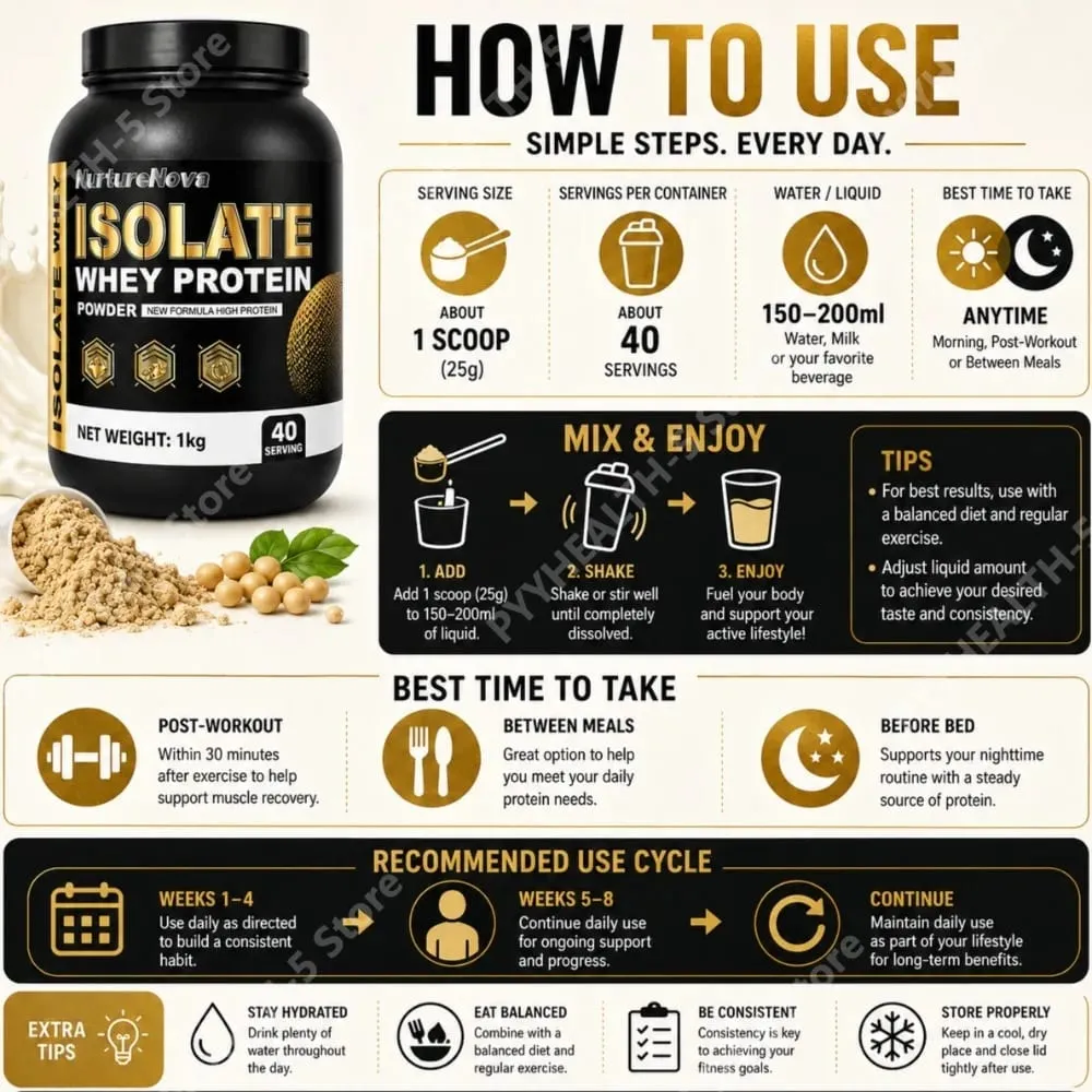 Isolate Whey Protein Powder 1kg Sports Nutrition Shake Γρήγορη ανάμειξη Daily Fitness Nutrition 40 μερίδες Βανίλια — image 5
