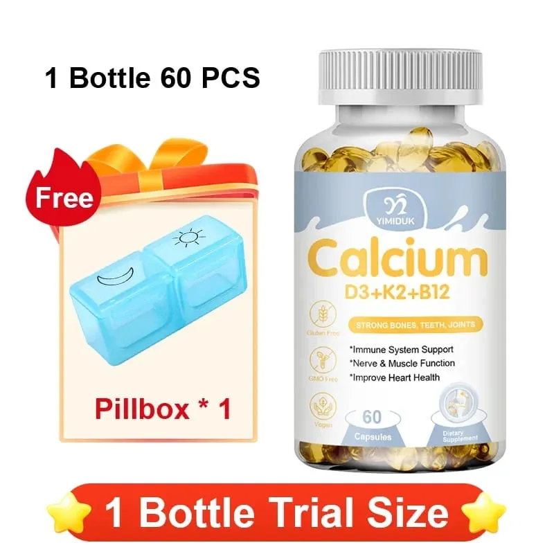 Οι κάψουλες Premium Calcium D3 K2 B12 υποστηρίζουν την απορρόφηση ασβεστίου στα οστά και τα δόντια Υγεία των νεύρων, μυϊκή λειτουργία και ζωτικότητα