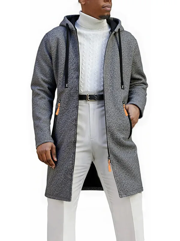 2Pcs 세트 남성 중간 길이 전체 지퍼 후드 자켓 양털 안감 따뜻한 코트와 Drawstring 후드 & 지퍼 포켓 캐주얼 겉옷 가을 겨울 데일리웨어