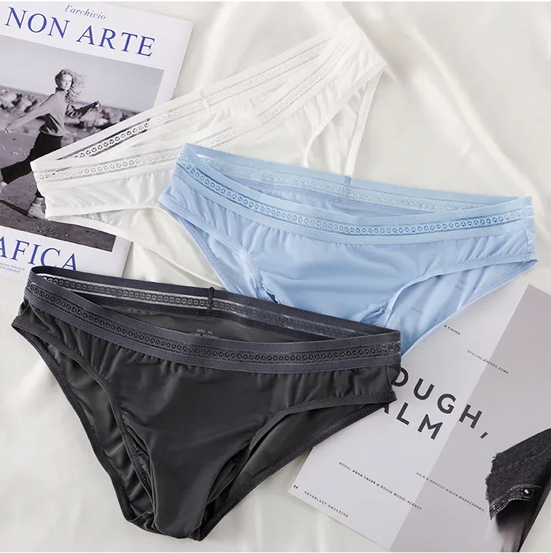 New Men's Ice Silk Briefs Ultra-thin Quick Dry High Elastic Lace Waistband Panties Sexy Seamless Breathable Bikini Underwear — image 5