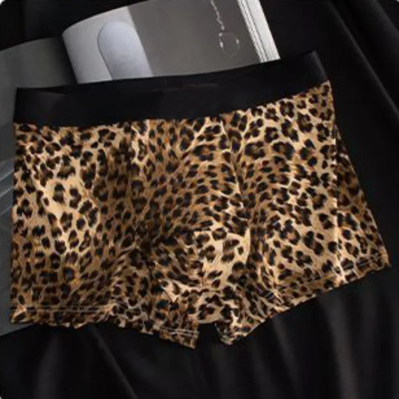 Męskie spodenki z lodowego jedwabiu wypukła etui płaskie bokserki Leopard szybkoschnące męskie kalesony bezszwowe oddychające kąpielówki