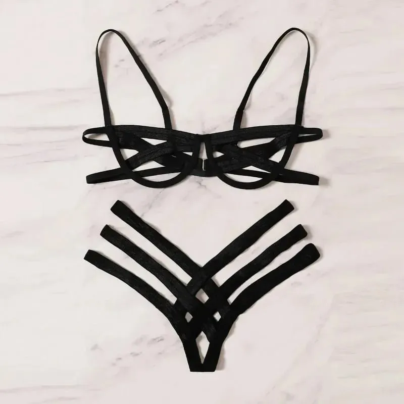 Σετ εσωρούχων Bondage Harness Γυναικεία Elastic Hollow Out Σετ σουτιέν Μαύρο στρινγκ με κλουβί, Σέξι Intimates Εξωτικά Εσώρουχα