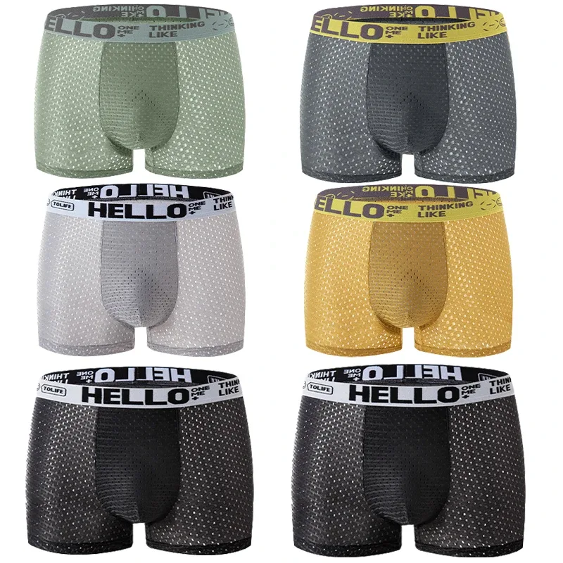 6 adet Mesh Buz Ipek Boks Şort erkek iç çamaşırı Nefes Alabilir Seksi Slim Fit ve Dikişsiz Düz Köşe Pantolon Büyük Boy