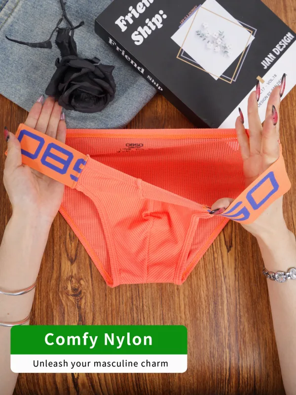 Men's Nylon Blend Mesh Breathable Briefs Horn Splice Letter Embossed Wide Elastic Waistband Fluorescent Color Sexy Underwear — image 4