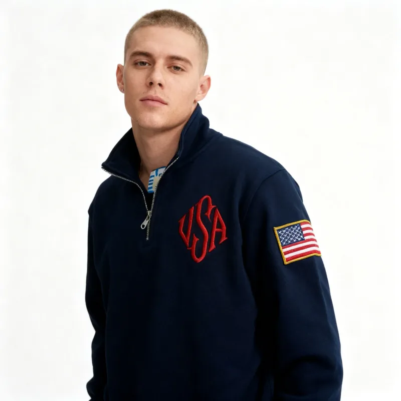 Sweat-shirt brodé drapeau américain Vintage, bleu marine, quart de zip, livraison rapide, Streetwear High Street Y2k, à la mode — image 2