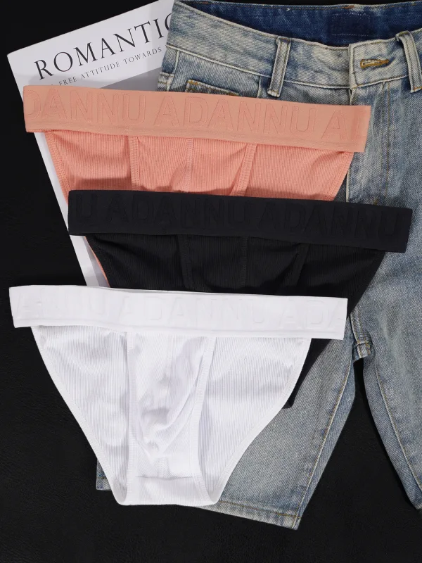 Men's Cotton Ribbed Skin-Friendly Bare Feel Convex Pouch Briefs, Embossed Letter Wide Waistband Slim Fit Underwear