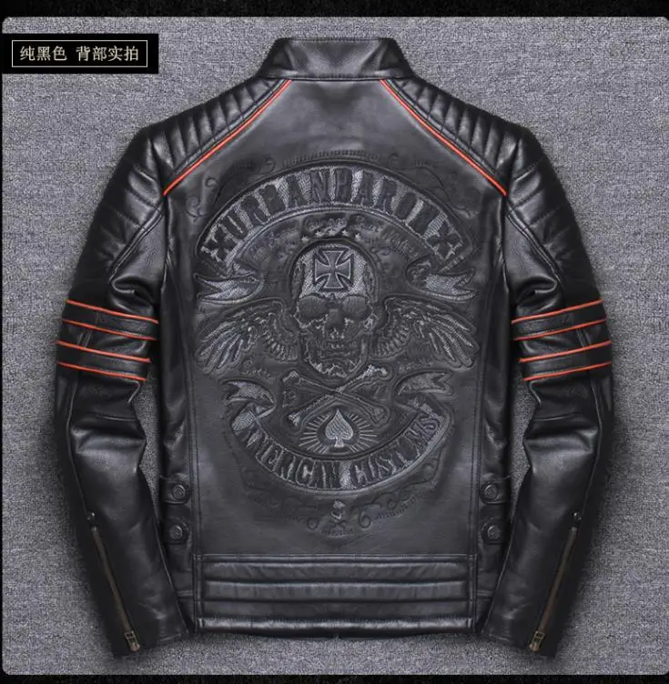 CC Shop.Brand skull cowhide coat.8XL Plus black slim genuine leather jacket,Rider leather cloth.Chaqueta de cuero esqueleto