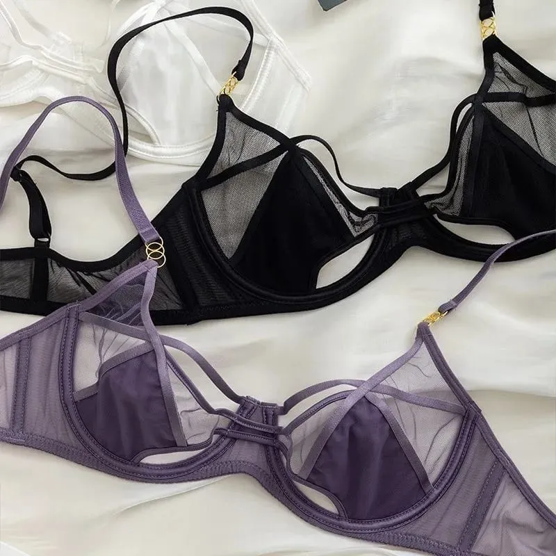 Set Sutiã E Calcinha Rendado Sem Espuma Aro Flexível Push Up Transparente Estilo Dark Academia Sensual E Elegante — image 2