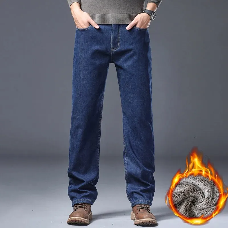 ג'ינס לגברים מרופד עבה ג'ינס חורף מתיחה חמה Slim Fit מכנסי ג'ינס מכנסיים רכים נוחים ללבוש יומיומי לעבודה
