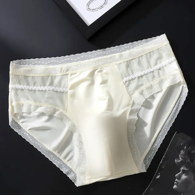 Men's Sexy Lace Thin Seamless Ice Silk Briefs Underwear 3D Bulge Pouch Panties U Convex Sexy Underwear Ice Silk Lace Thin — image 17