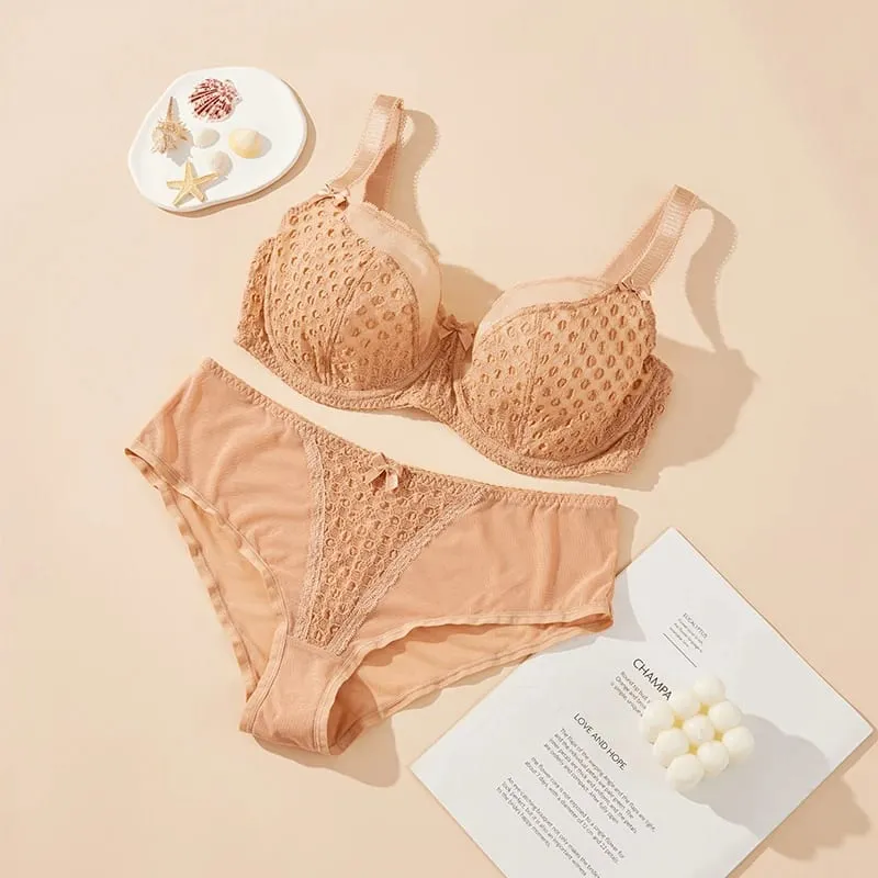 Γυναικείο Curvy Plus Size Πουά Δαντελένιο Σετ εσώρουχα Underwire Support Full Figure Big Cup E F G H I Εσώρουχα που αναπνέουν 2τμχ