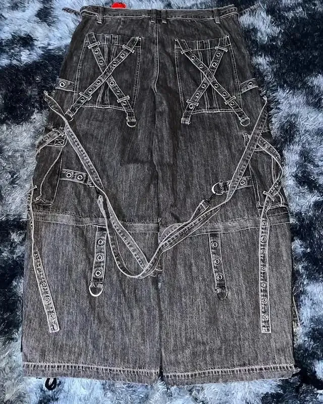 Férfi gótikus punk pántos farmer tehernadrág fekete több csatos táskás szabású utcai ruházat Divatos városi divat mosott vintage alkalmi farmernadrág — image 4