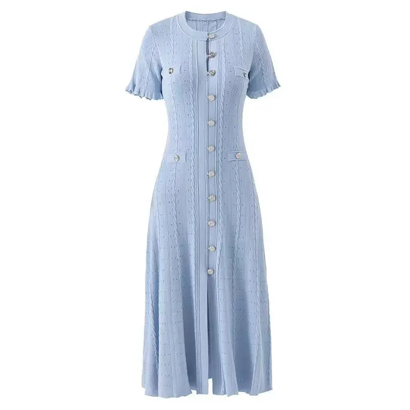 Vintage Cable Knit Midi φόρεμα με κουμπί μπροστά με βολάν με κοντό μανίκι σχέδιο τσέπης Κομψό πάρτι casual πλεκτό φόρεμα