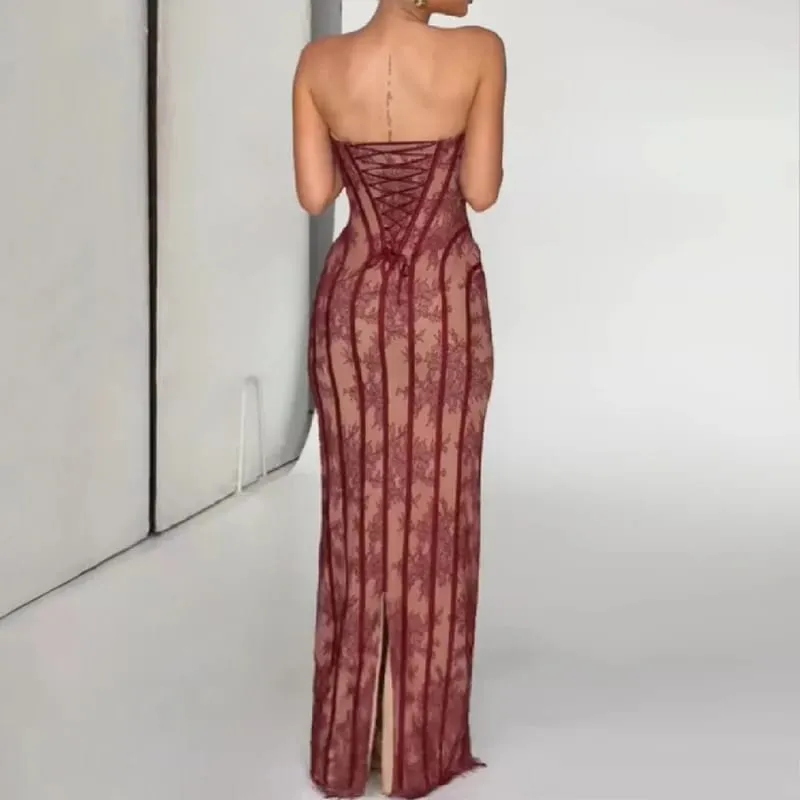 Elegáns, elegáns gézből készült halcsontparti ruha váll nélküli, pánt nélküli maxi ruha női csipkeformázó derék Vestidos 2026 estélyi ruhák
