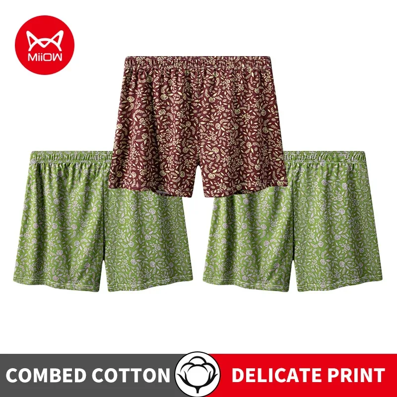 MiiOW 3Pcs Cotton Men Underwear Boxershorts Breathable Rose Print Man Underpants Skin-friendly Large Size Men's Shorts Panties