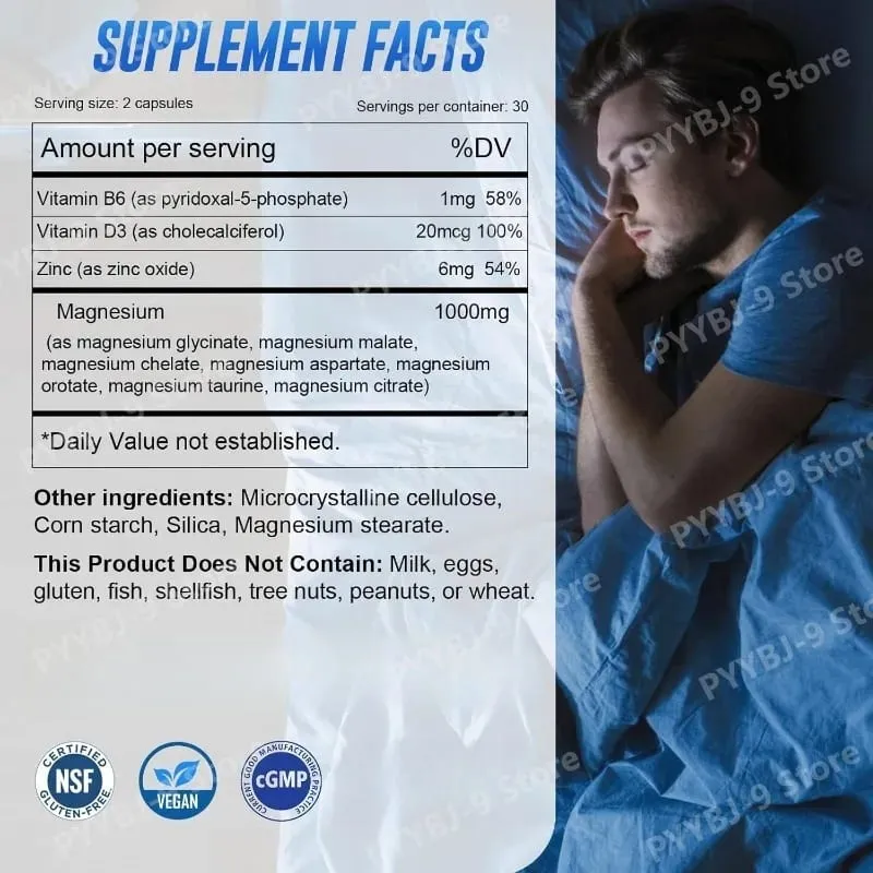Magnesium 7 Complex Supplement with Glycinate Citrate Malate Chelate Zinc Vitamin D3 B6 for Sleep Muscle Relief 60 Capsules