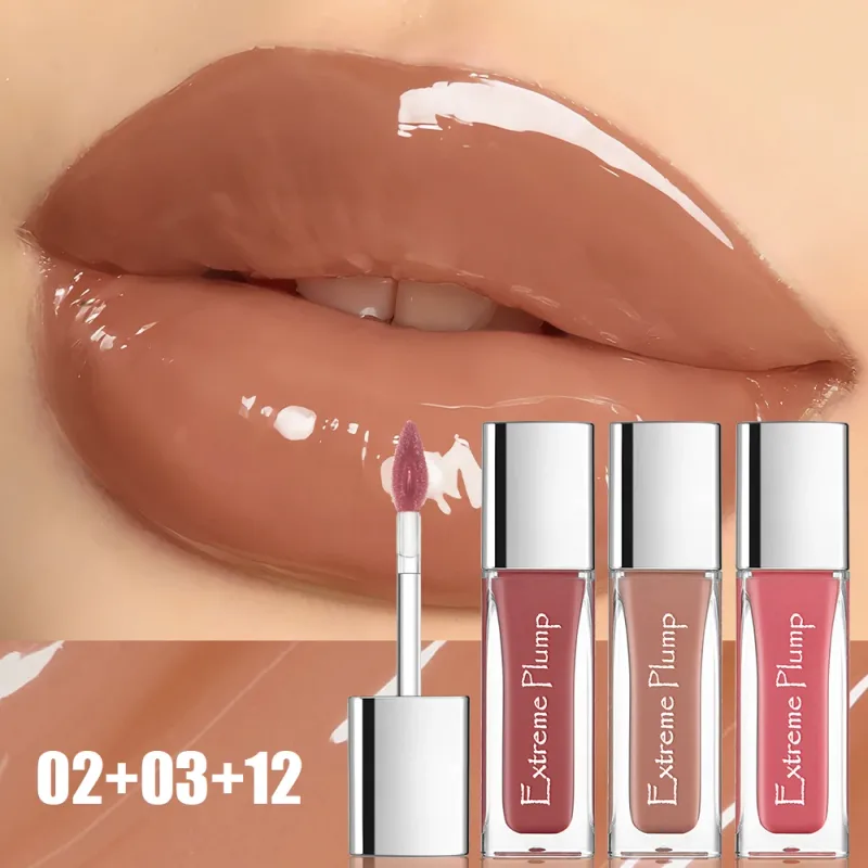 3 τμχ Extreme Plump Lip Gloss Set Mirror Glass Finish Μεγάλης διάρκειας Ενυδατικό Lip Glaze Μη κολλώδες αδιάβροχο Nude Liquid Lipstick