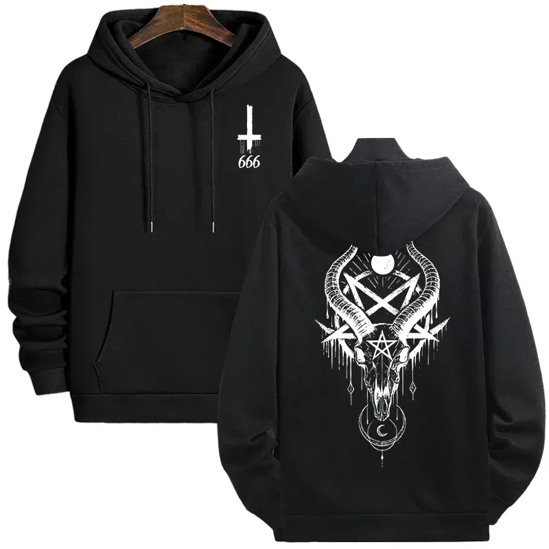 Musim Gugur Musim Sejuk Lelaki Topi Pullover Kasual 666 & Salib Terbalik Hoodies Gothic Lelaki Bercetak Seram Setan Baju Jalanan — image 9