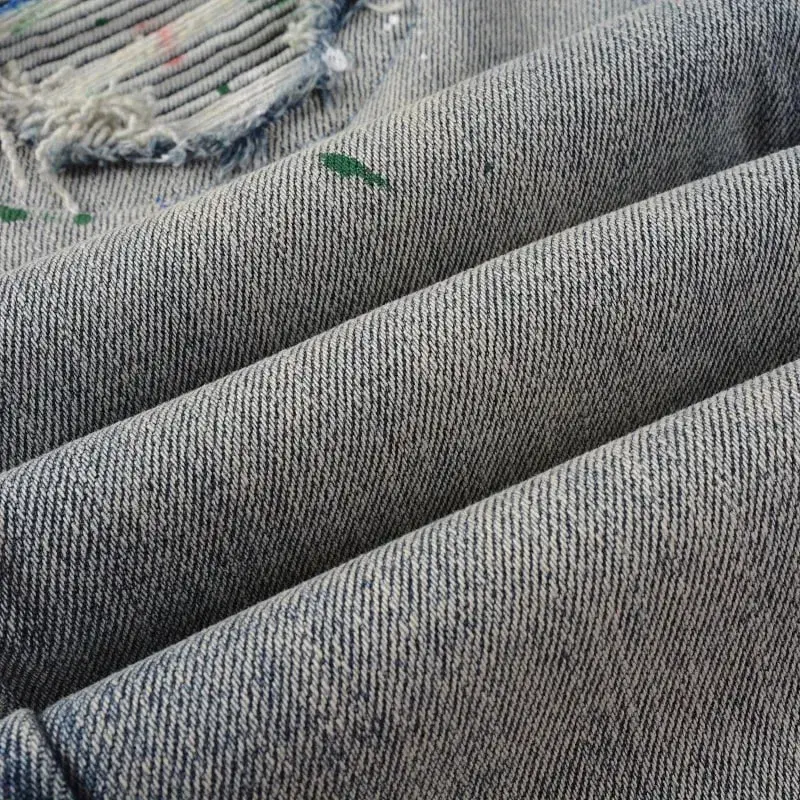גברים צבועים בגזרת ג'ינס אופנוען ג'ינס Streetwear חורים פצועים טלאים קרעים מכנסיים במצוקה מכנסיים סקיני מחודדים