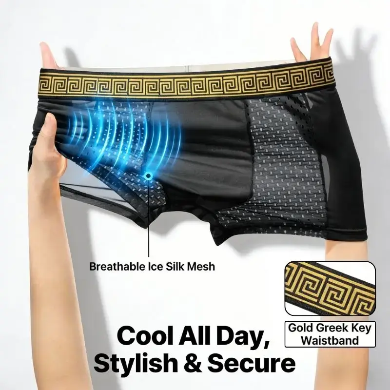 Mens Ice Silk Mesh BoxerBriefs Gold Greek Waistband Breathable Underwear Quick-Dry Bulge Pouch Sports Trunks Plus Size Summer