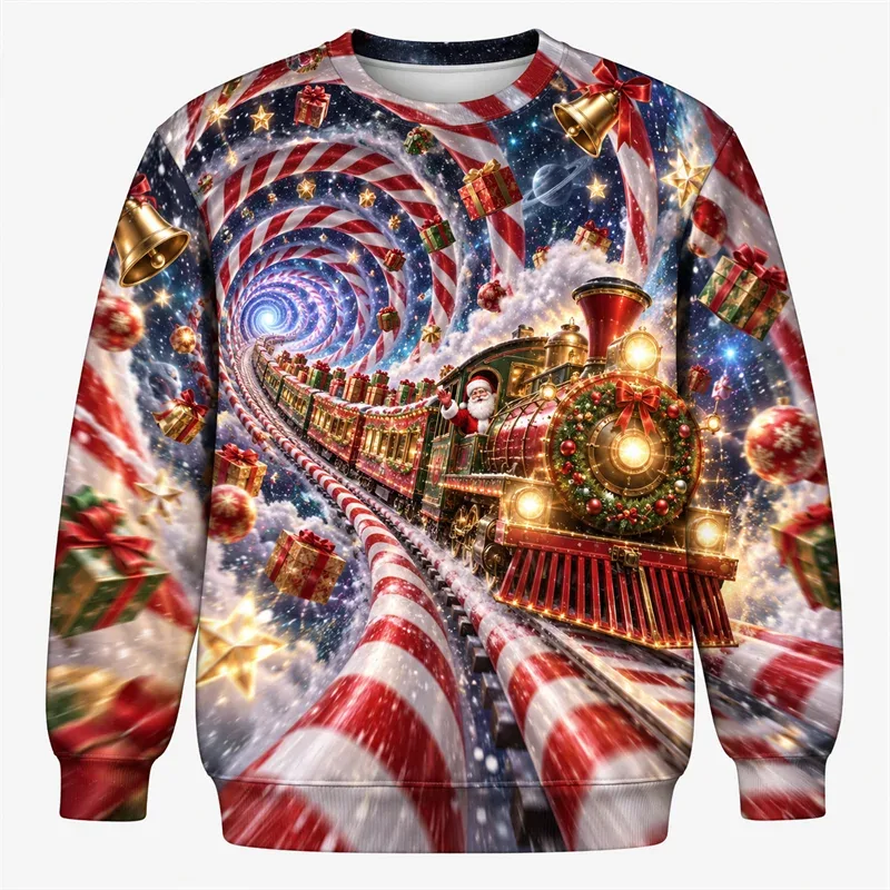 クリスマスファンタジースウェットシャツトレインキャッスルカルーセルエンジェルポーラーベアクルーネッククリスマスプルオーバーホリデーパーティーストリートウェアギフトトップ
