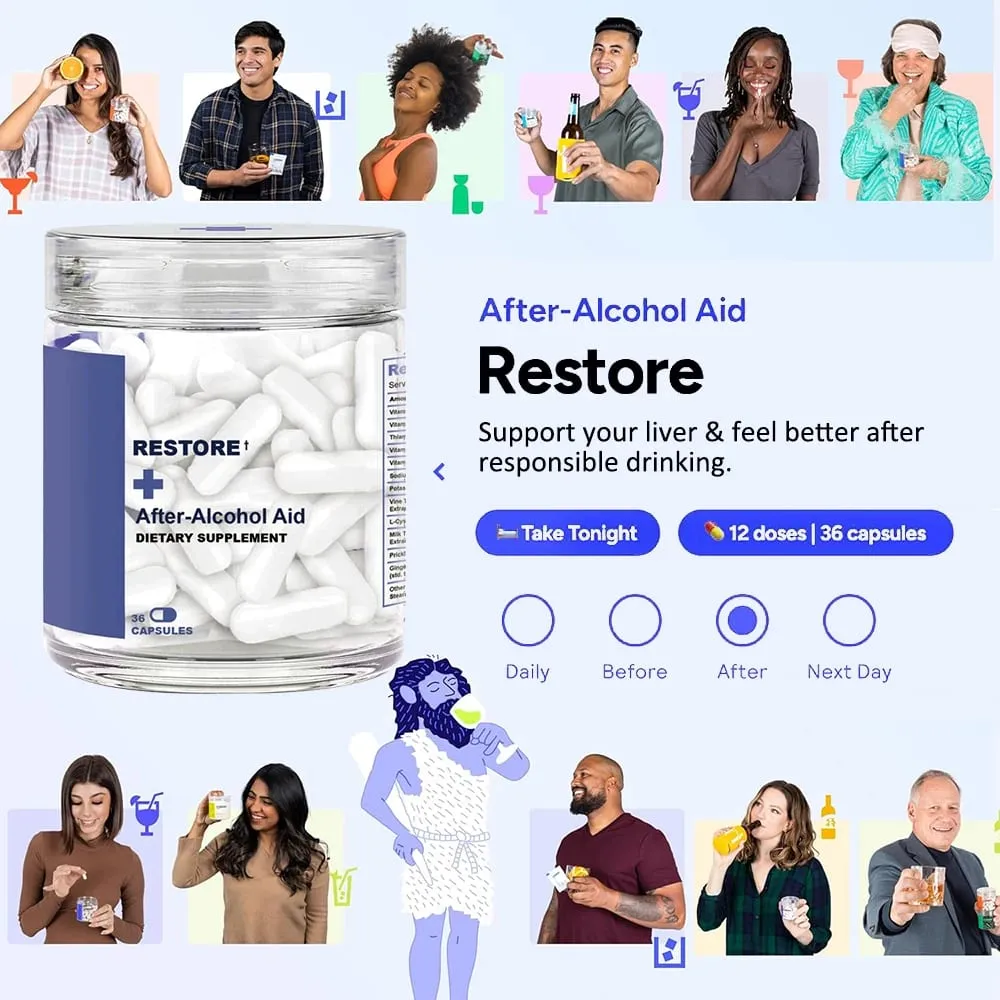 Restore After-Alcohol Aid Drink Supplement with DHM + L-Cysteine - Feel Better After Drinking & Support Your Liver - 36 Capsules — image 2