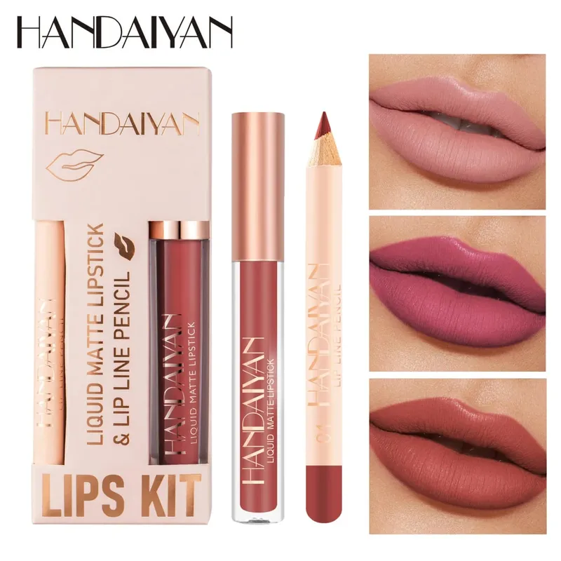 Pambabaeng 2-in-1 Lipstick Set na may Lip Liner Waterproof Long-lasting Korean Makeup Matte Finish Cosmetics Kit Libreng Pagpapadala