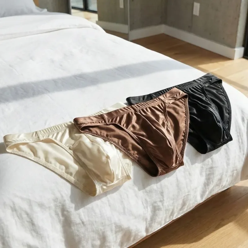 Comfortable Low Waist Men Thin Panties Male Lingerie Simple Men's Underwear Underpants Satin Silk Briefs Gifts — image 4