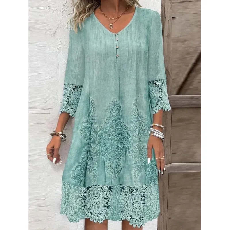 Fashion Summer Dresses 2024 Summer New 3D Pattern Lace Splicing Hollowed Out Midi Dress Casual Short Sleeve Dresses Lady Vestido — image 3