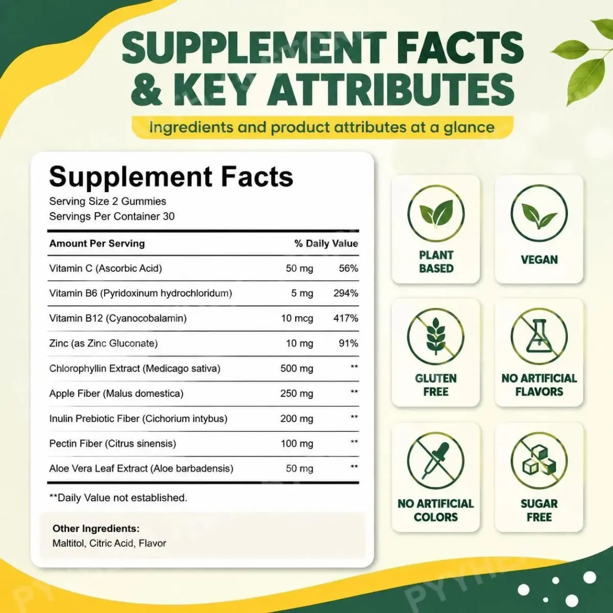 Docteat Chlorophyll Gummies Lemonade Gut Nutrition Balance με πρεβιοτική ινουλίνη και ίνες μήλου Digestive Wellness 60 Gummies — image 3
