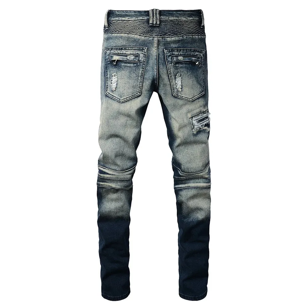 Férfi motoros farmernadrág motoros lyukakhoz Szakadt Distressed Patch Nadrág Stretch Farmer Pamut Vékony Egyenes nadrág Kiváló Minőség