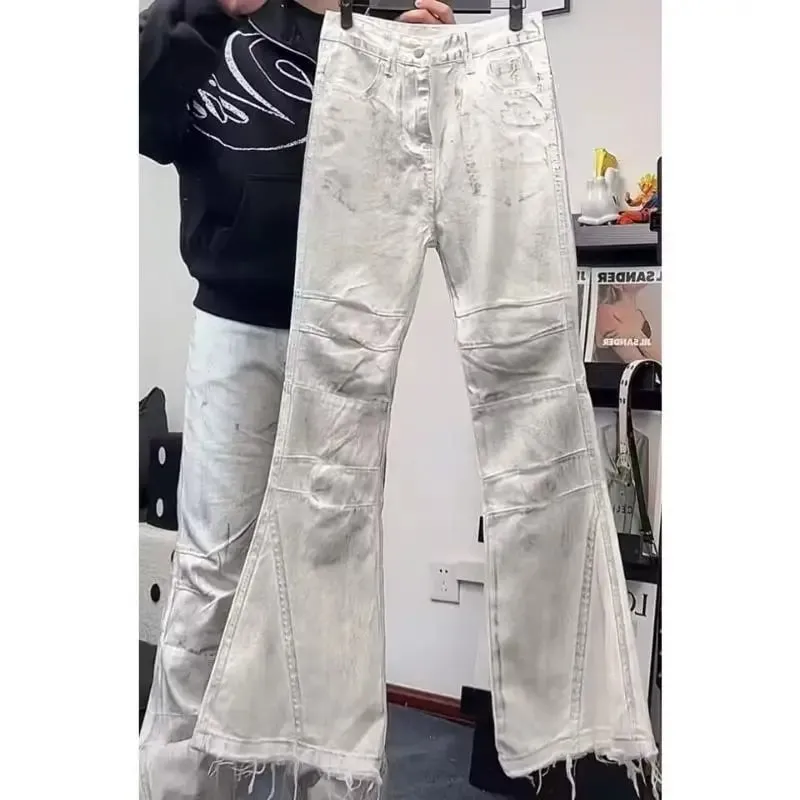 Női Amerikai Retro Y2K Flare Farmer Fehér Mosott Patchwork Y2K Vintage Hrajuku Punk Magas derekú Karcsú utcai viselet Farmer nadrág — image 3
