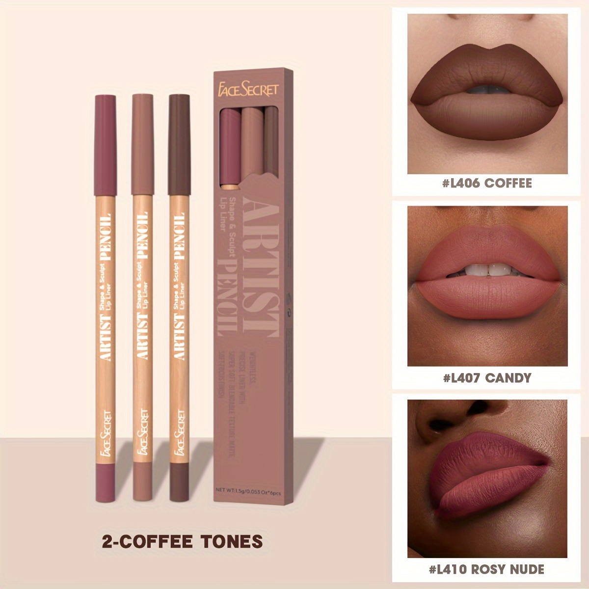 Face Secret 3 τμχ Σετ Nude Lip Liner Φυσικό ματ μακράς διαρκείας αδιάβροχο μακιγιάζ με μολύβι χειλιών με γάντζο γραμμής υψηλής χρωστικής