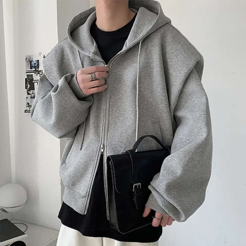 2024 otoño nuevo diseño de hombro acolchado ropa de calle firme hombres doble cremallera sudaderas con capucha Harajuku Casual sudaderas con capucha diarias