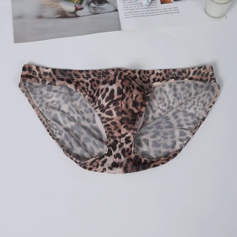 Men Sexy Briefs Underwear Mesh Sheer Ultra-Thin Underpants Big Penis Pouch See Through Panties Leopard Bikini