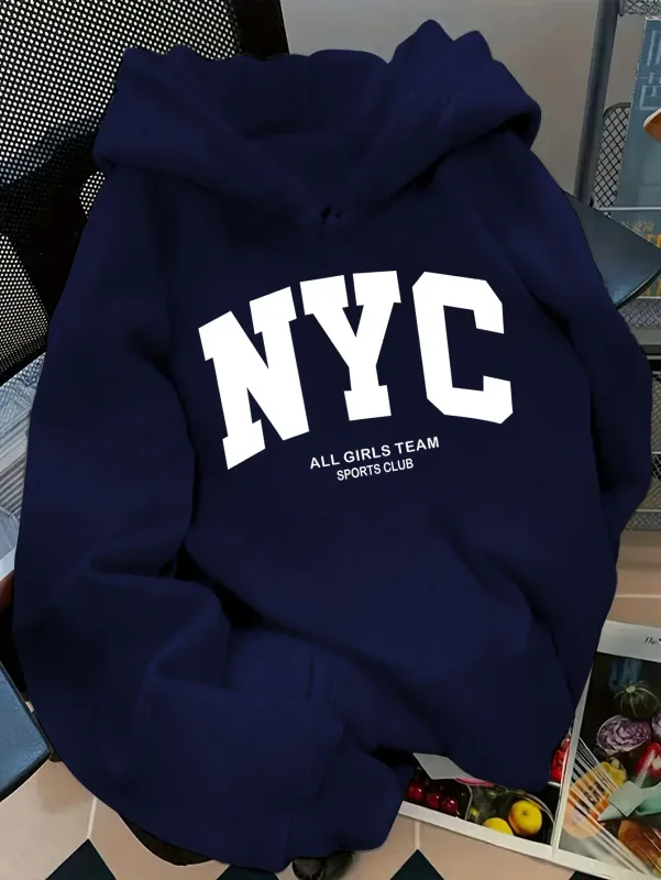 Novità Autunno/Inverno, comoda felpa con cappuccio blu navy della squadra di New York - felpa con cappuccio street style per coppie a maniche lunghe, pullover casual con POC — image 4