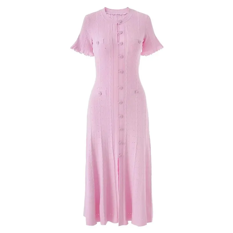 Vintage Cable Knit Midi φόρεμα με κουμπί μπροστά με βολάν με κοντό μανίκι σχέδιο τσέπης Κομψό πάρτι casual πλεκτό φόρεμα