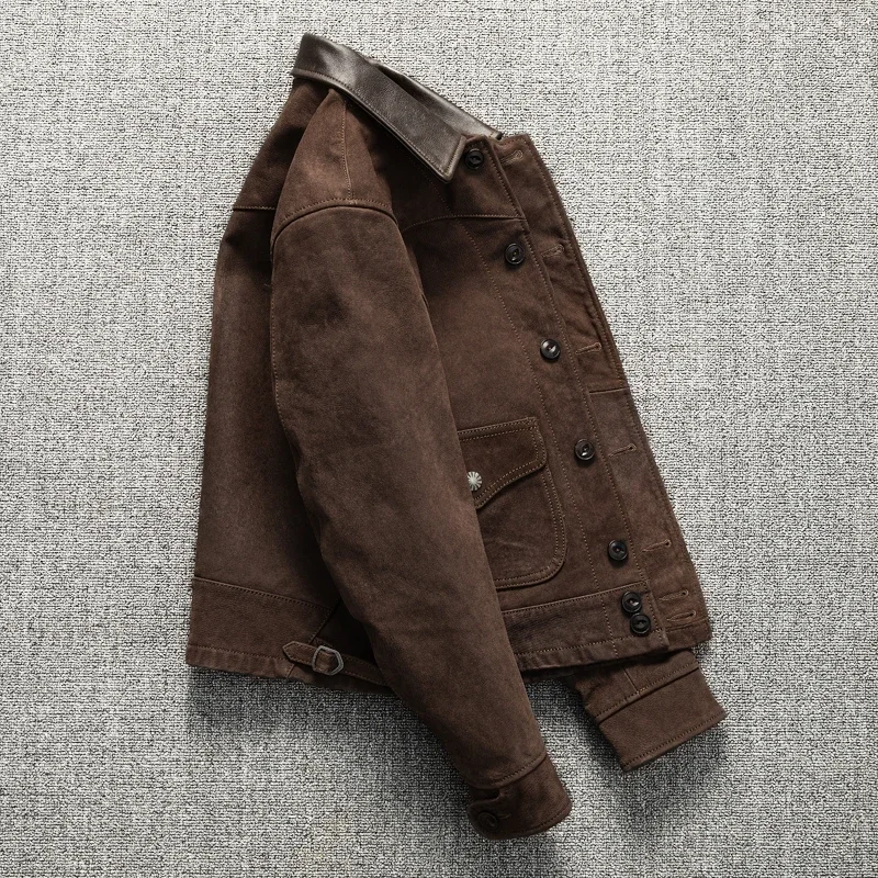 Uncoated Top Layer Sheepskin Leather Jacket Men's Classic Vintage Short Style Lapel Spring and Autumn Jacket