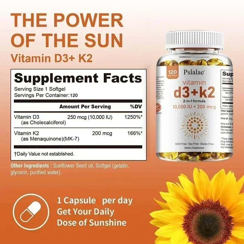 Vitamin D3 + K2 - Improves Calcium Metabolis Healthy Bone & Muscle Function Health Support Heart Joint Immune System Health