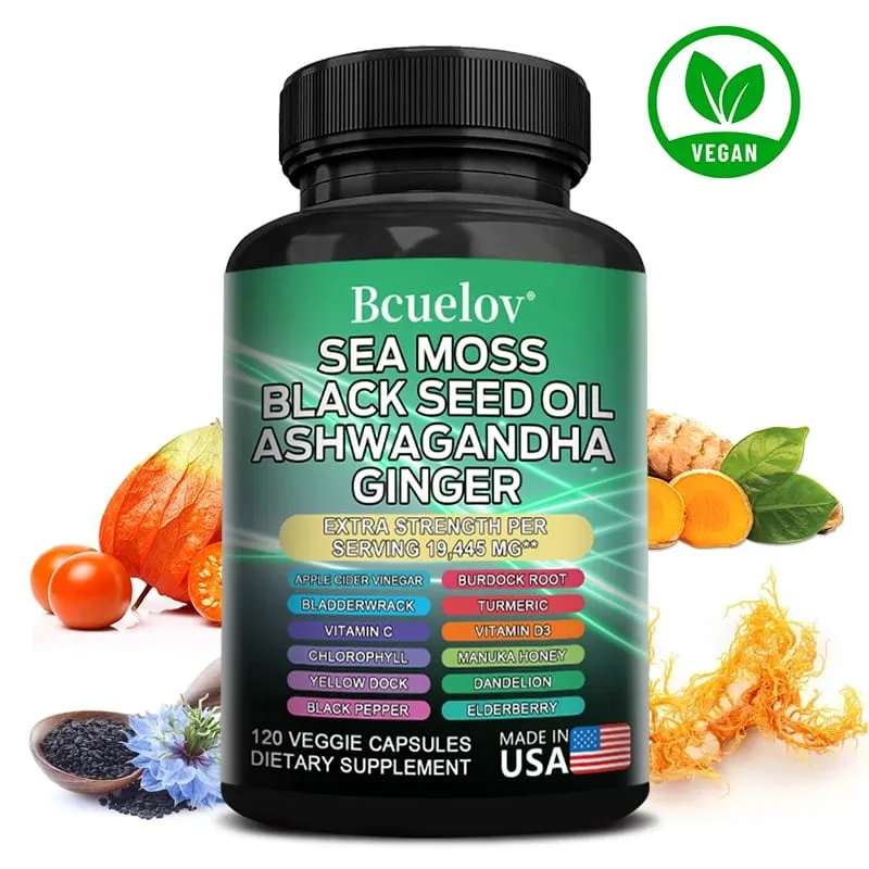 All in One Supplement with Sea Moss Black Seed Oil Ashwagandha Ginger Enhanced Immunity & Energy 120 Capsules