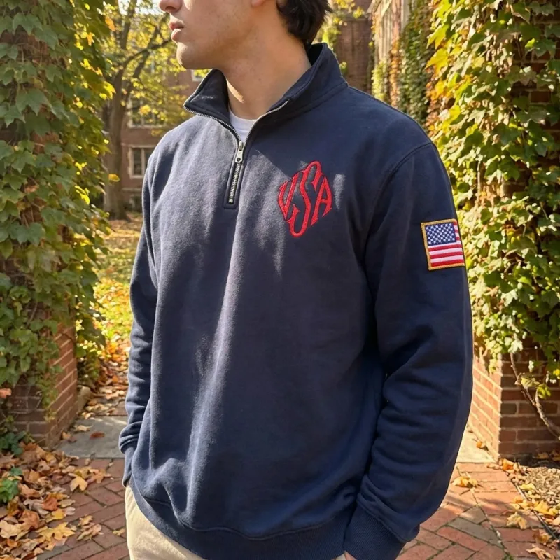 Sweat-shirt à capuche brodé drapeau américain Y2K pour homme, bleu marine et blanc, pull à manches patchs, Streetwear décontracté